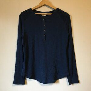 100% Cotton Bleu Gray Lace Shoulder 1/4 Button Down Dark Blue Top - Small